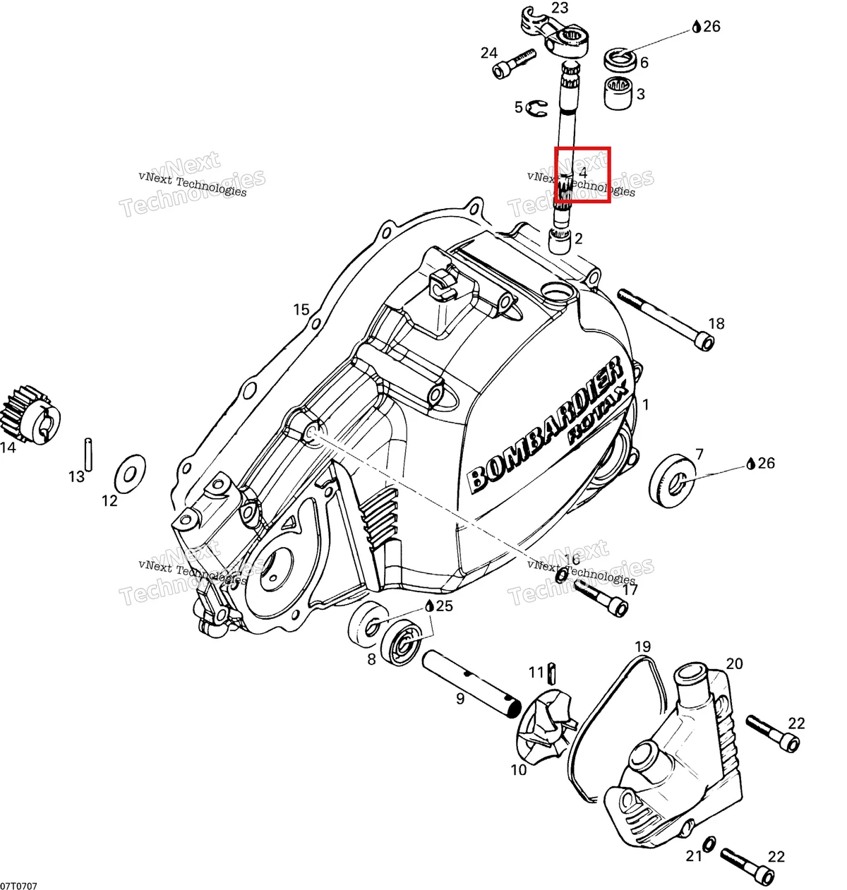 Деталь 420237023 на схеме узла 2007 Can-Am DS 650 X Clutch Housing And Water Pump