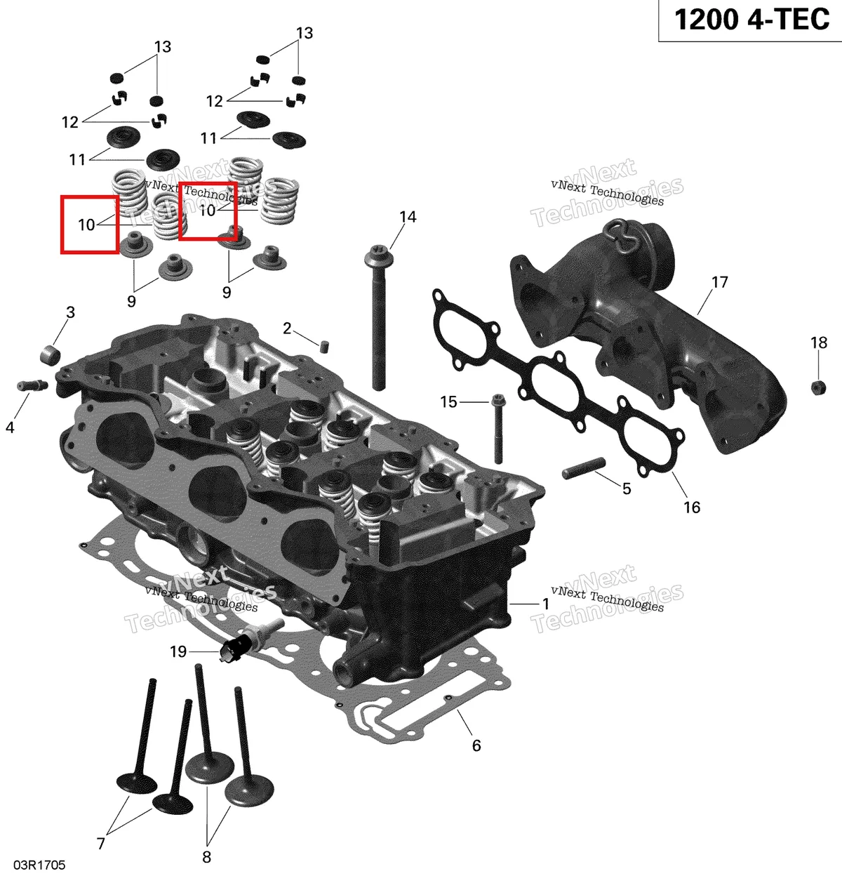Деталь 420238460 (Пружина клапана) на схеме узла 2019 Ski-Doo EXPEDITION LE-SE 1200 4-TEC Cylinder Head And Exhaust Manifold - 1200 Itc 4-Tec