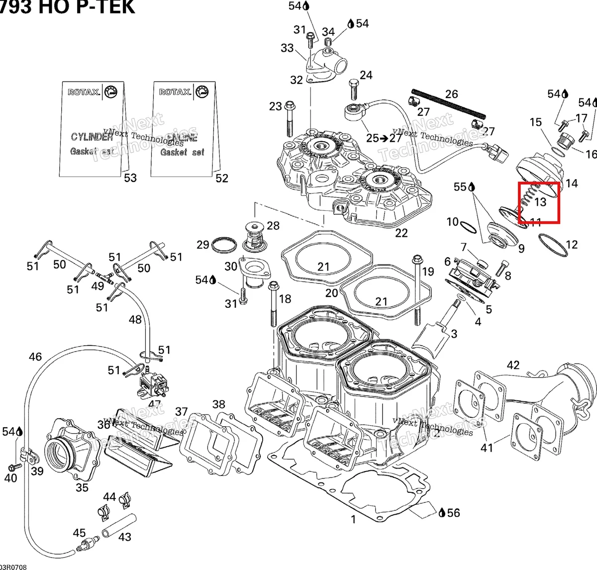 Деталь 420239941 (Деталь Spring, Blue) на схеме узла 2007 Ski-Doo MX Z XRS 800 HO PTEK Cylinder, Exhaust Manifold And Reed Valve