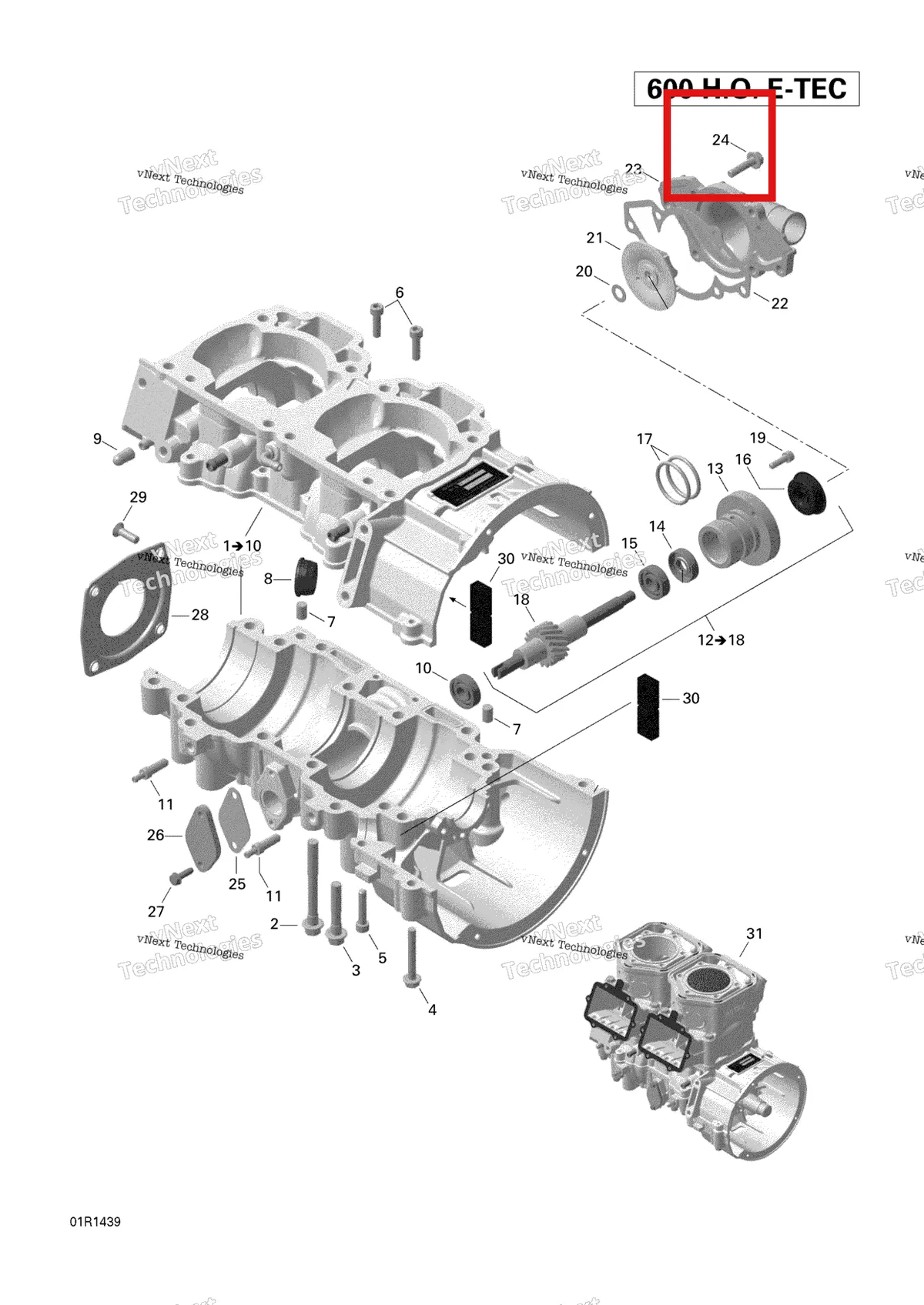 Деталь 420240031 (Деталь Screw M6x25) на схеме узла 2014 Ski-Doo EXPEDITION LE 600HOE, XU Crankcase