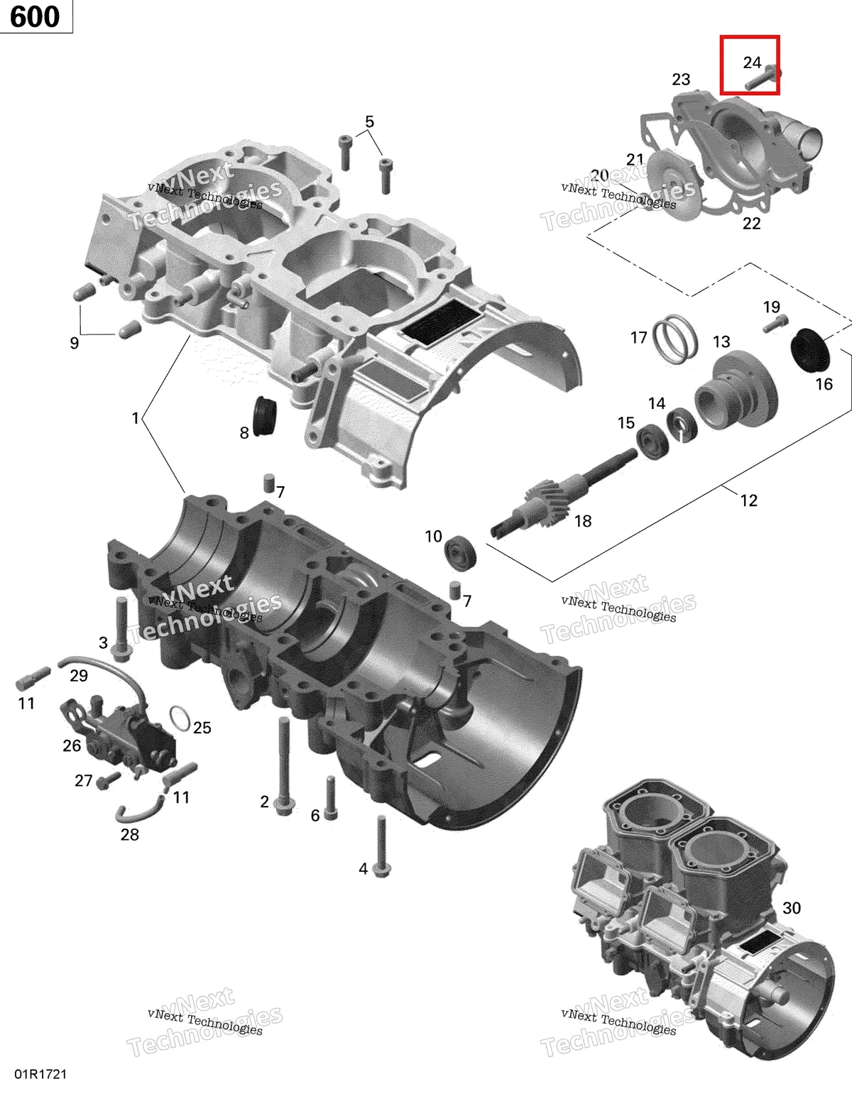 Деталь 420240034 (Деталь Hex. Screw M6 X 25. Tightening Torque 12-14 Nm) на схеме узла 2020 Ski-Doo MXZ 600 CARB Engine - Crankcase, Water Pump And Oil Pump - 600 Carb