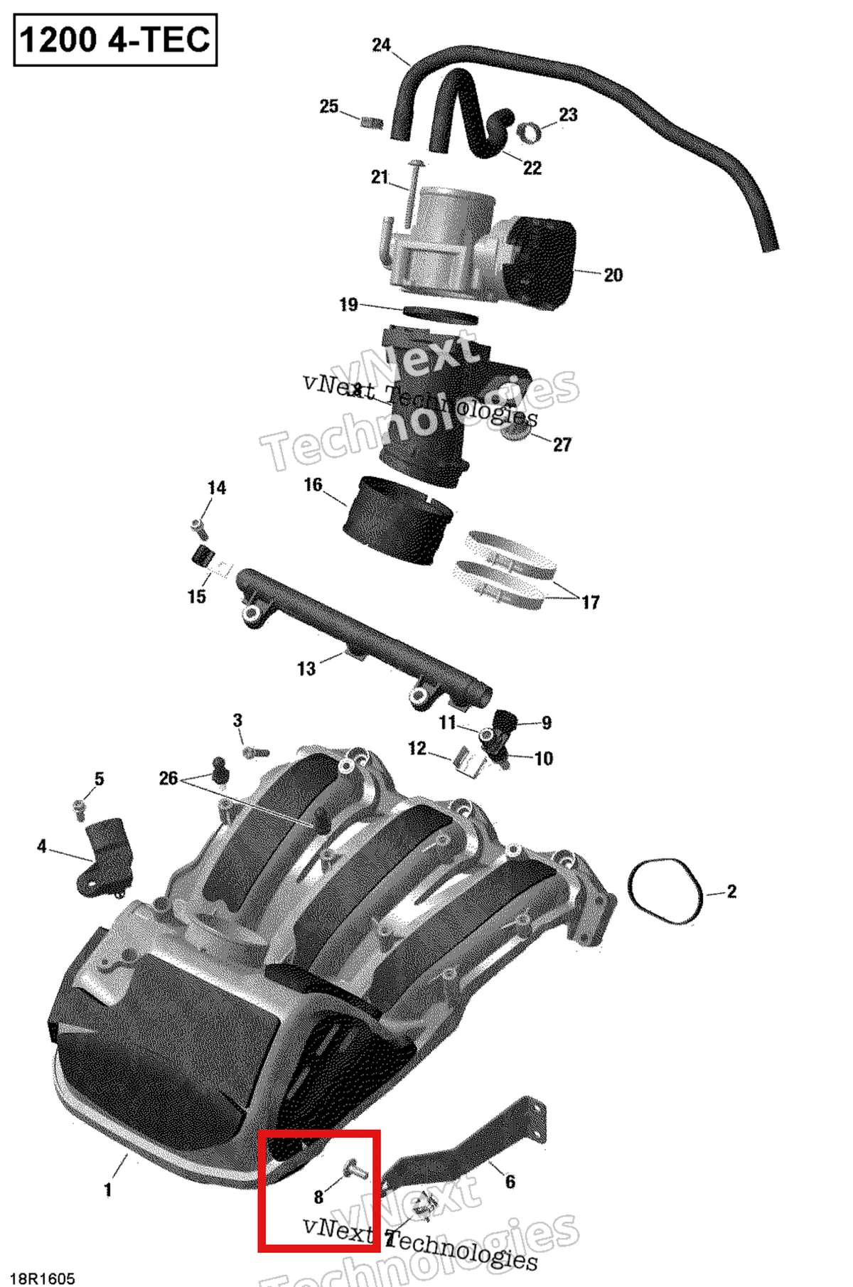 Деталь 420241524 (Деталь Torx Screw M6 X 16. Tightening Torque 9 Nm) на схеме узла 2019 Ski-Doo EXPEDITION LE-SE 1200 4-TEC Air Intake Manifold And Throttle Body - 1200Itc 4-Tec