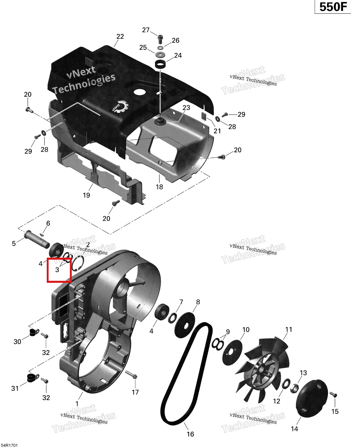 Деталь 420244585 (Регулировочная прокладка) на схеме узла 2020 Ski-Doo EXPEDITION SPORT 550F Engine - Fan And Cylinder Cowls - 550F