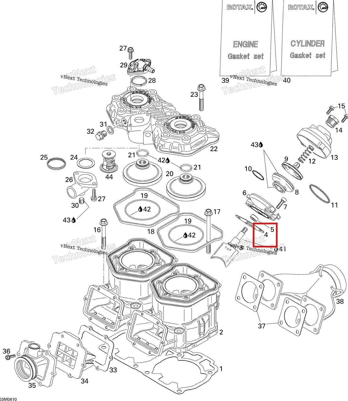 Деталь 420250238 (Прокладка) на схеме узла 2006 Ski-Doo MX Z 440 Racing Cylinder And Exhaust Manifold