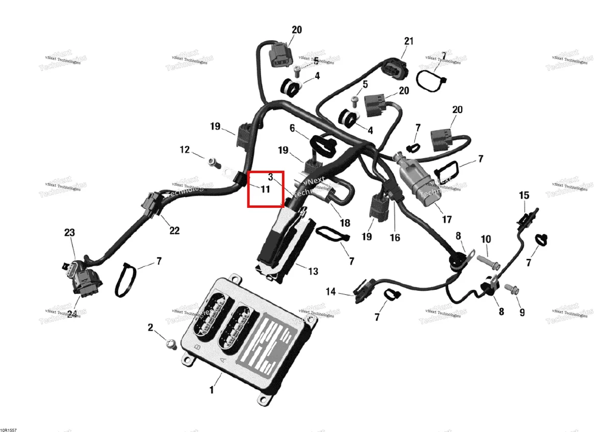 Деталь 420251812 (Кабельный Зажим) на схеме узла 2015 Ski-Doo EXPEDITION LE 1200 4-TEC Engine Harness And Electric Module