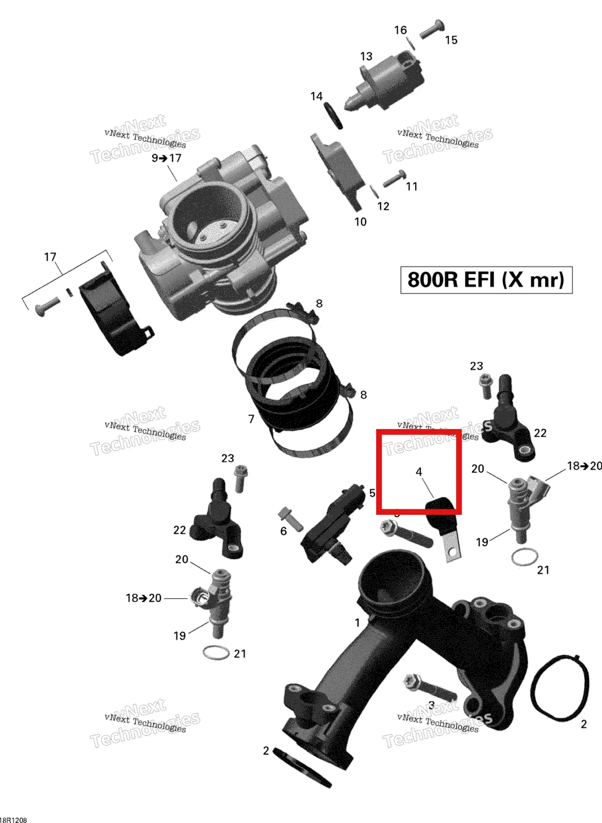 Деталь 420251816 на схеме узла 2012 Can-Am Outlander 800REFI Xmr Air Intake Manifold And Throttle Body