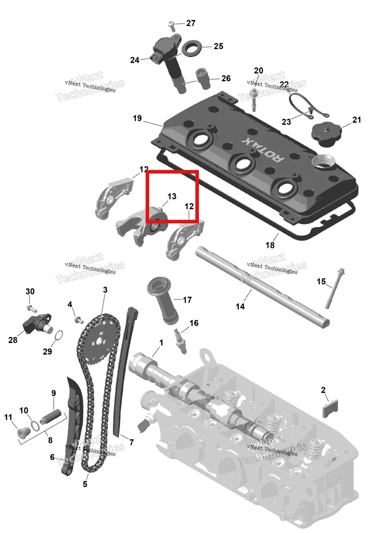 Деталь 420254316 (Деталь Rockerarm Ass'y, Inlet) на схеме узла 2026 Sea-Doo GTX - 300 - STD - 15TA - Blue Abyss - Audio Rotax - Valve Train