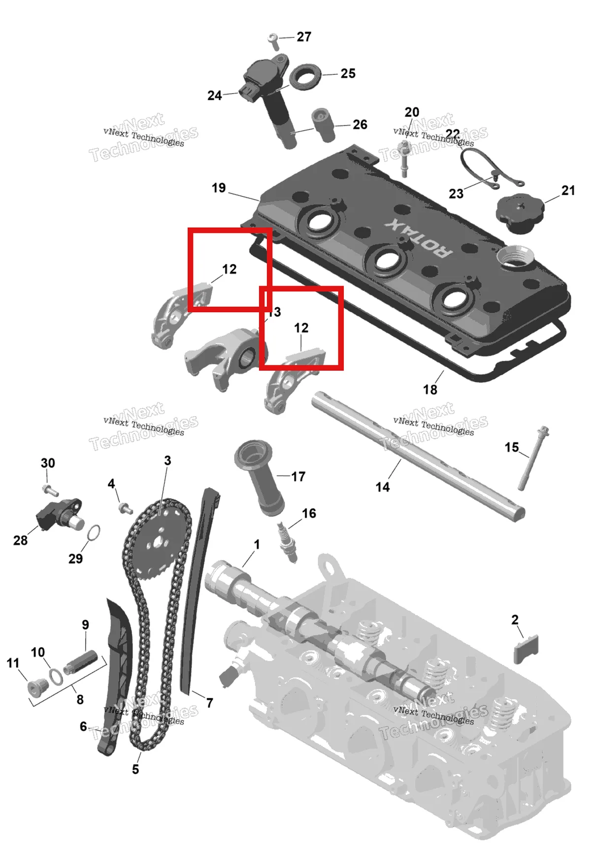 Деталь 420254329 (Деталь Rockerarm Ass'y, Inlet) на схеме узла 2026 Sea-Doo GTX - 300 - STD - 15TA - Blue Abyss - Audio Rotax - Valve Train