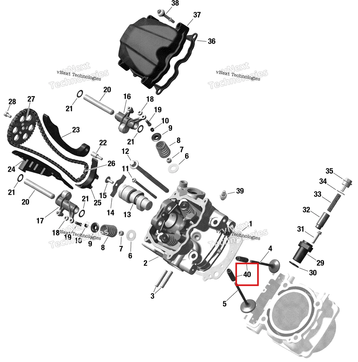 Деталь 420254376 (Направляющая клапана Can-Am Maverick Sport 1000R XRC (2020) (420254376)) на схеме узла 2022 Can-Am Maverick Sport 1000R - DPS Rotax - Cylinder Head, Front