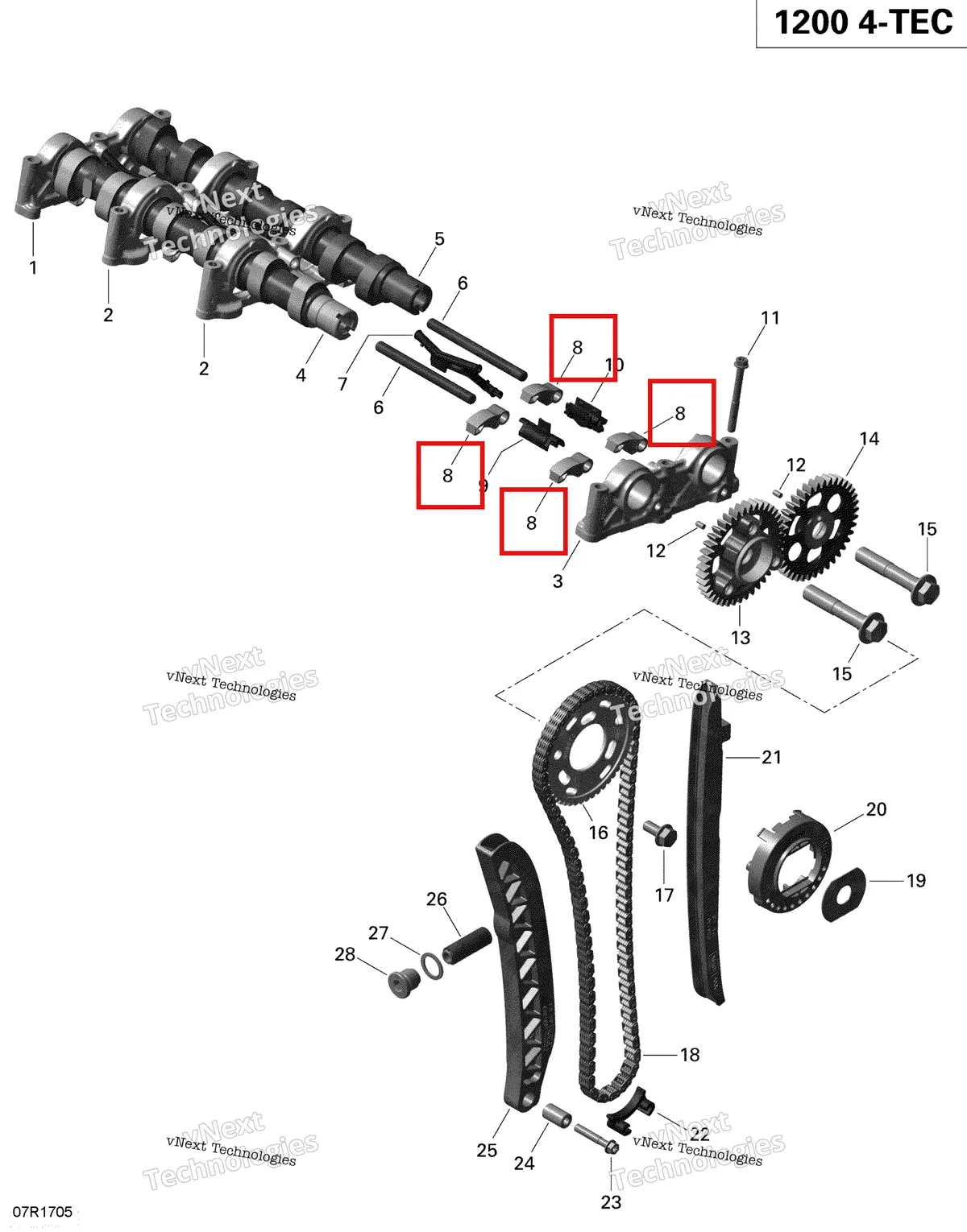Деталь 420254722 (Последователь Палец) на схеме узла 2019 Ski-Doo EXPEDITION LE-SE 1200 4-TEC Camshafts And Timing Chain - 1200 Itc 4-Tec