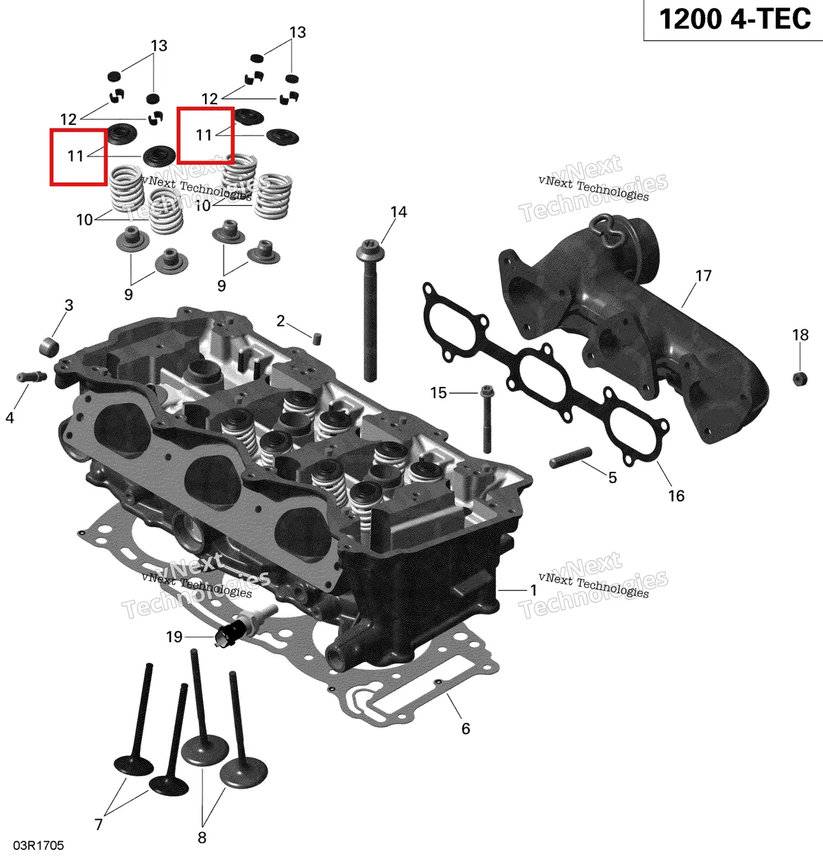 Деталь 420254822 (Тарелка клапана) на схеме узла 2019 Ski-Doo EXPEDITION LE-SE 1200 4-TEC Cylinder Head And Exhaust Manifold - 1200 Itc 4-Tec