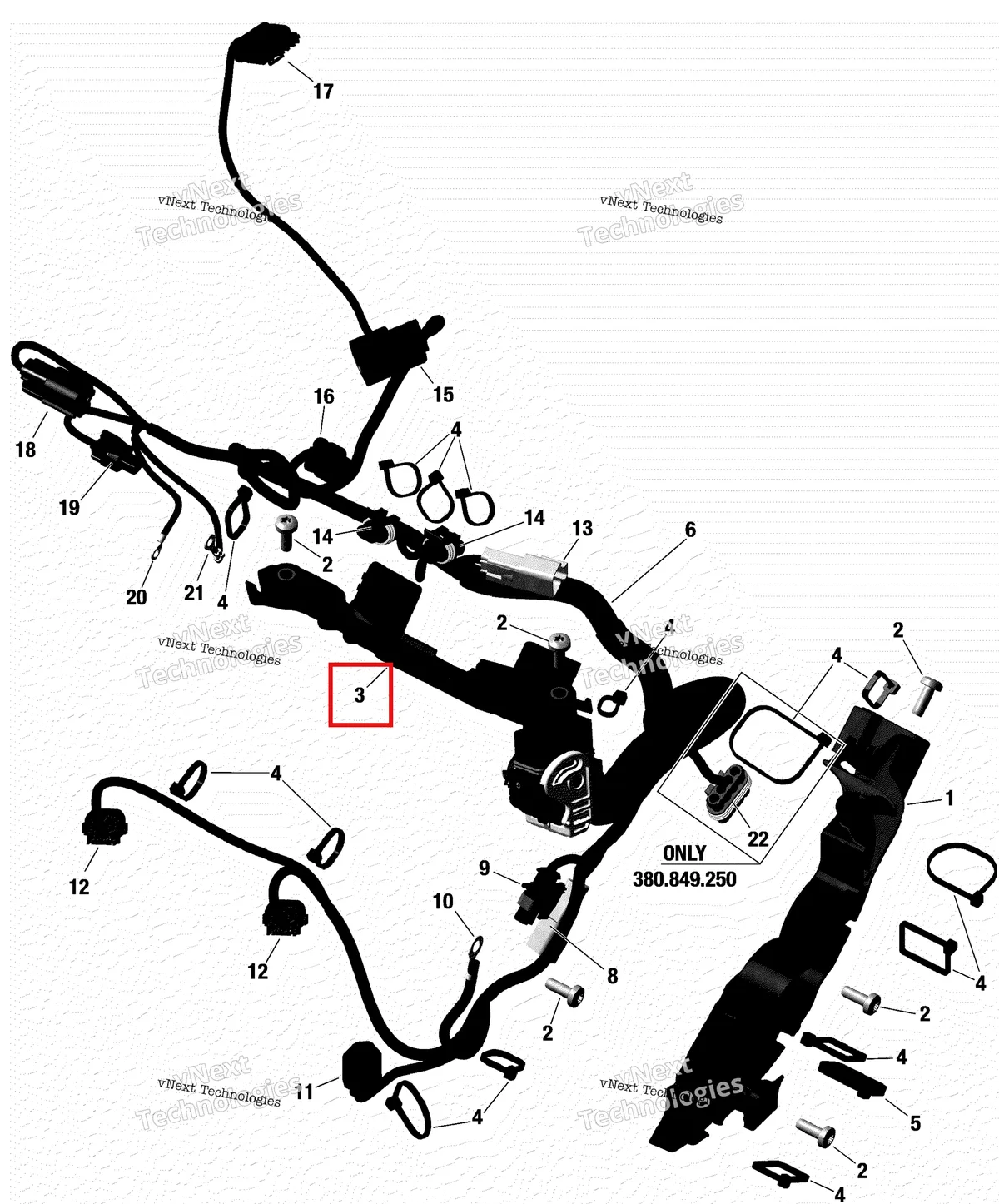 Деталь 420260158 на схеме узла 2018 Ski-Doo FREERIDE 850 E-TEC Engine Harness