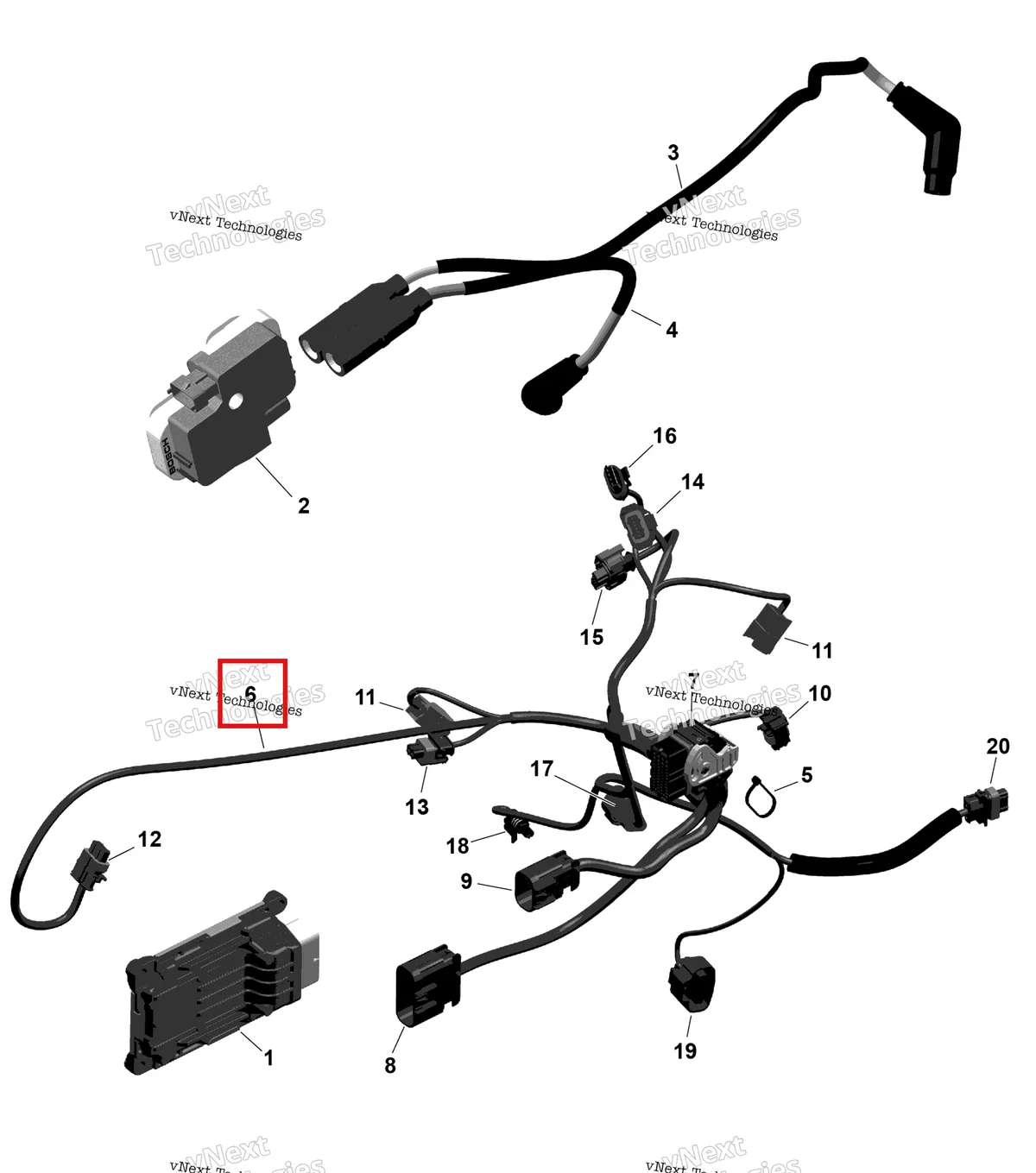 Деталь 420265961 на схеме узла 2025 Can-Am OUT-MAX - 6X6 - XT - 1000 EFI - 5ZSA - Boreal Green Rotax - Engine Harness And Electronic Module