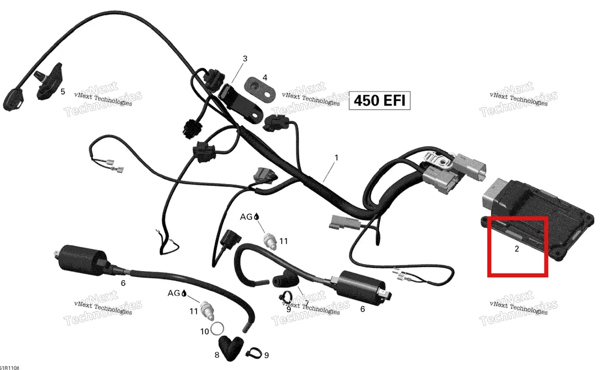 Деталь 420266694 на схеме узла 2011 Can-Am DS 450 EFI Engine Harness And Electronic Module