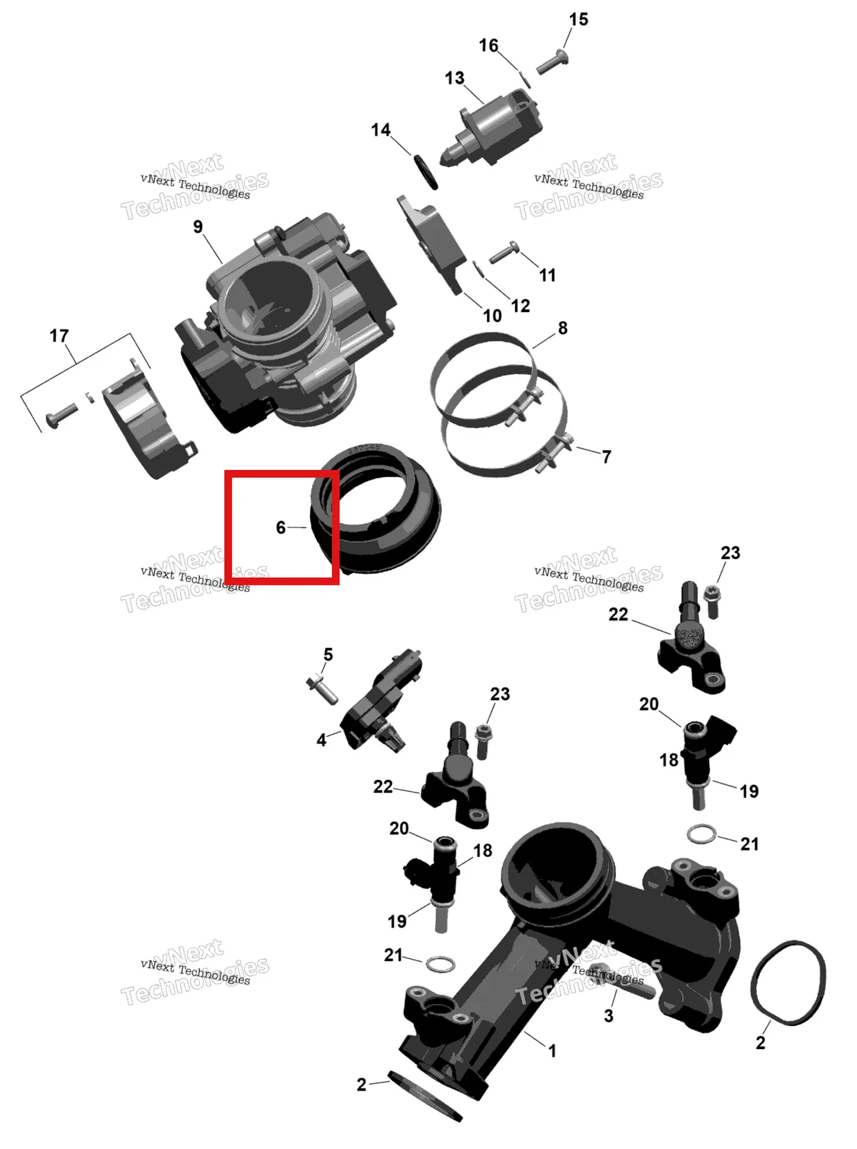 Деталь 420267045 на схеме узла 2025 Can-Am OUT-MAX - 6X6 - XT - 1000 EFI - 5ZSA - Boreal Green Rotax - Air Intake Manifold And Throttle Body