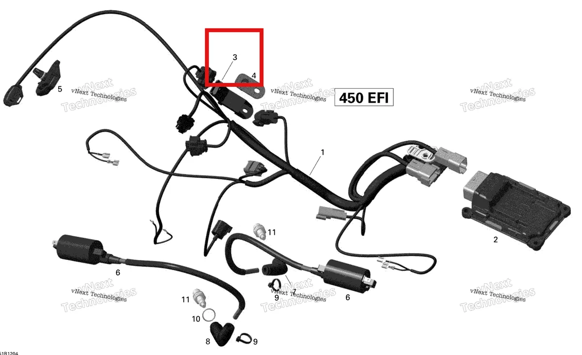 Деталь 420274055 (Деталь Tempereture Sensor) на схеме узла 2015 Can-Am DS 450EFI STD Engine Harness And Electronic Module
