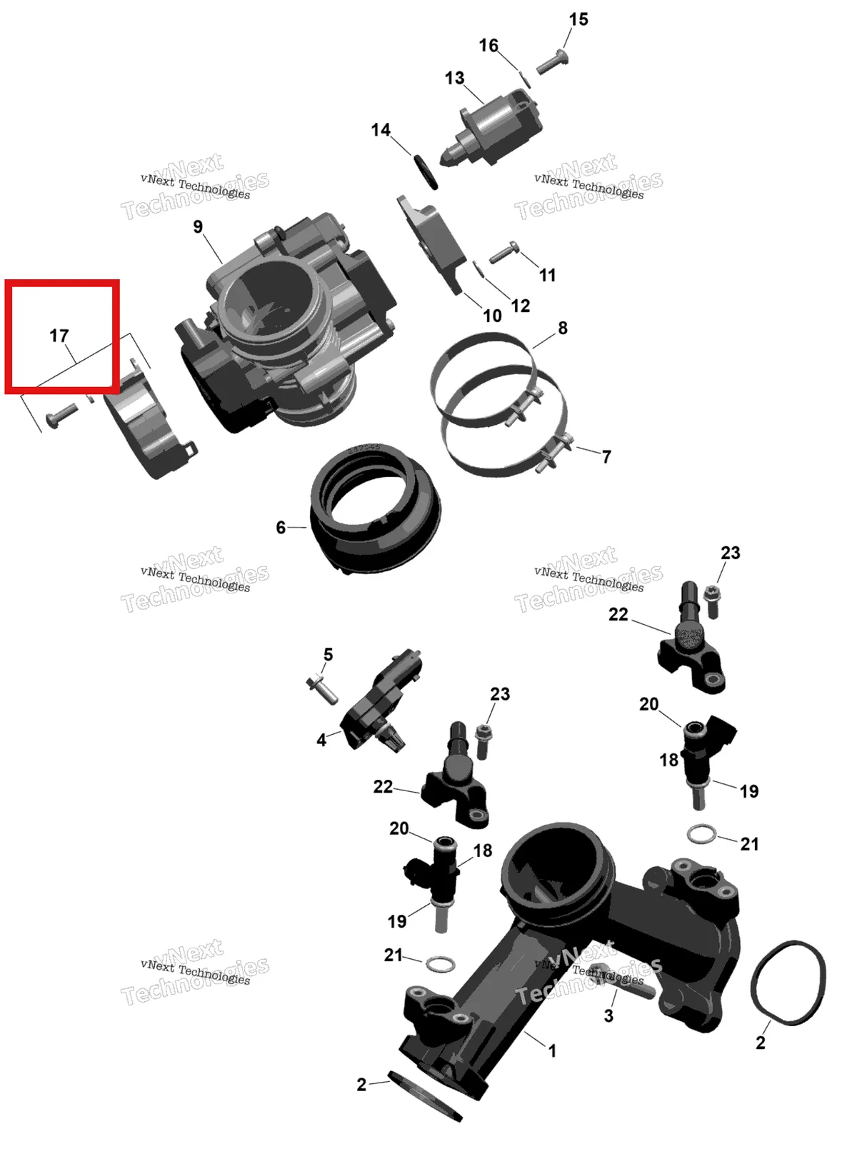 Деталь 420281540 на схеме узла 2025 Can-Am OUT-MAX - 6X6 - XT - 1000 EFI - 5ZSA - Boreal Green Rotax - Air Intake Manifold And Throttle Body