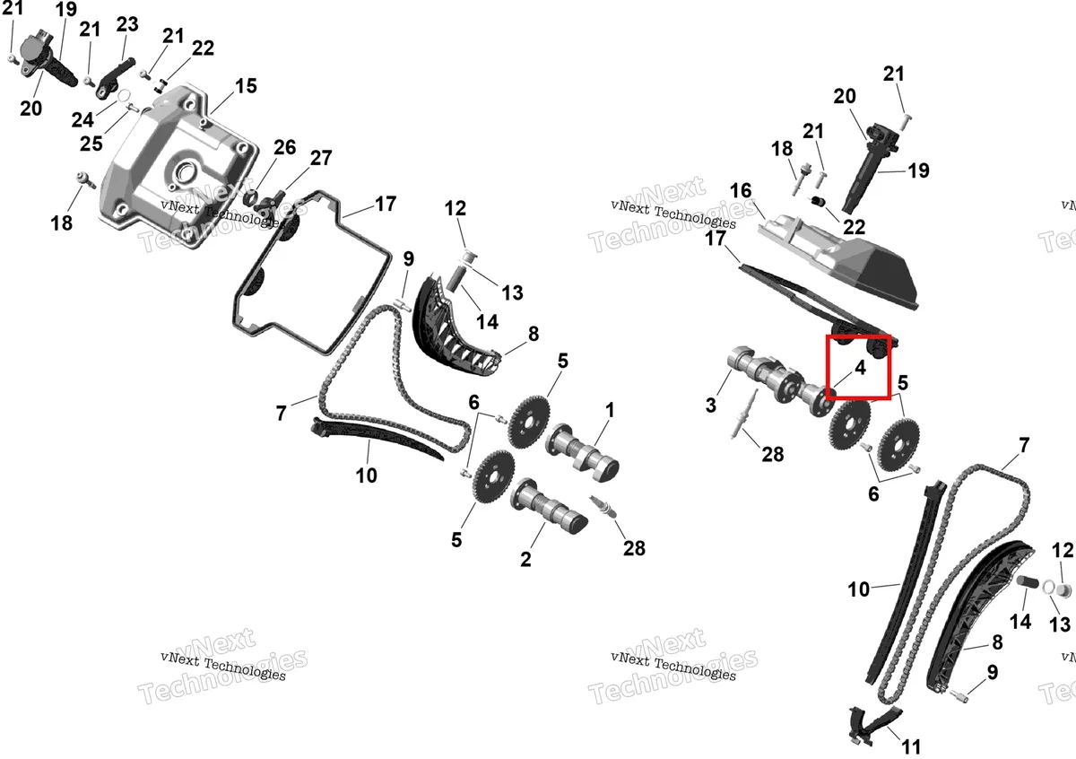 Деталь 420281652 (Распредвал 55/0 выпуск Can-Am Outlander 4x4 XT 1000R (2025) (420281652)) на схеме узла 2026 Can-Am OUTLANDER - 4X4 - BACKCOUNTRY - 1000R - 4NTA - CALI - Dark Camo Rotax - Valve Train