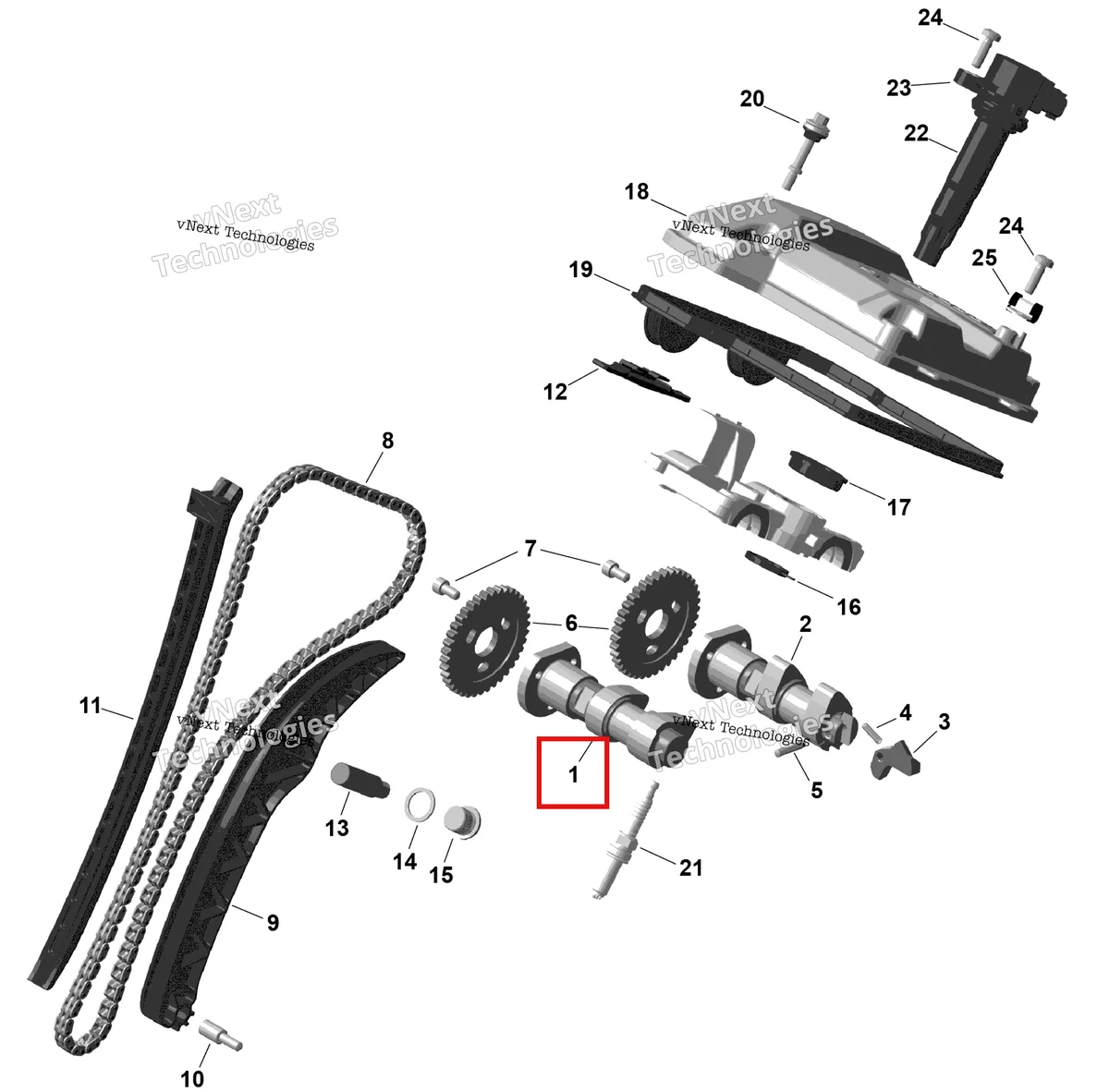 Деталь 420281655 (Распредвал впуск 5/53 Can-Am Outlander 4x4 DPS 700 (2025) (420281655)) на схеме узла 2025 Can-Am OUTLANDER - 4X4 - DPS - 700 - 1ESA - Granite Grey Rotax - Valve Train