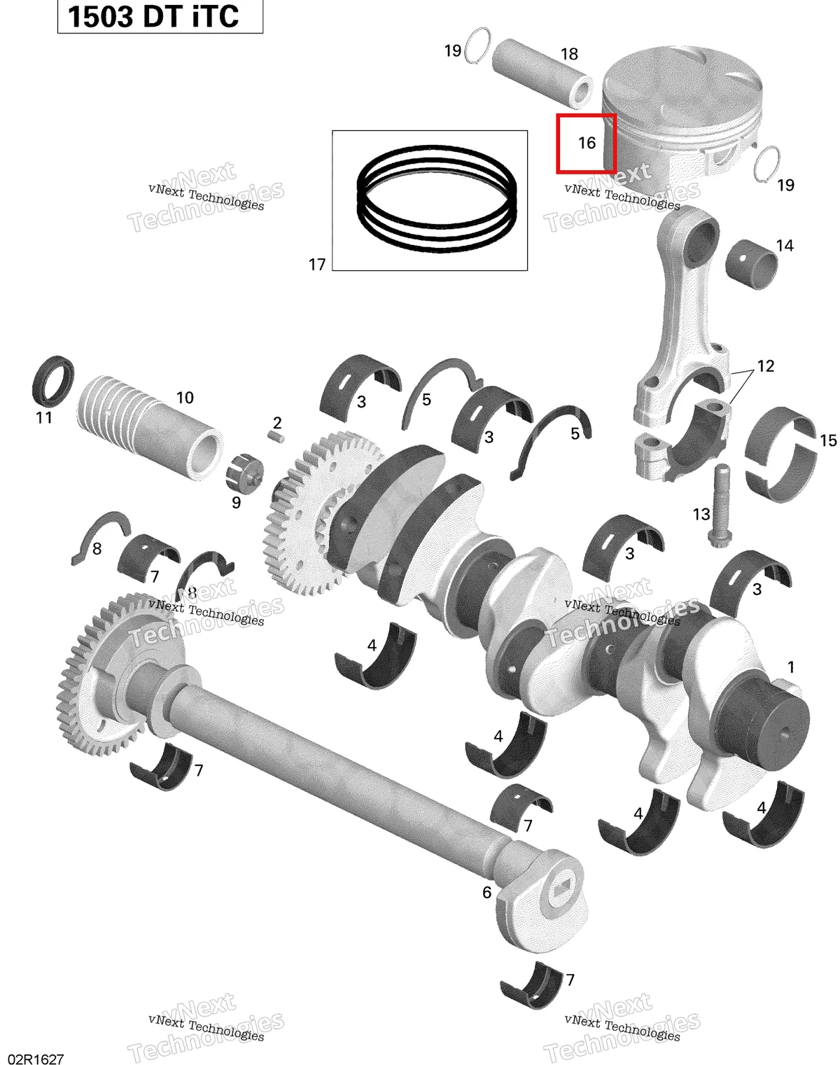 Деталь 420296566 (Piston Ass’y 100.21 Mm) на схеме узла 2016 Sea-Doo GTI-GTR-GTS Crankshaft, Pistons And Balance Shaft - 130