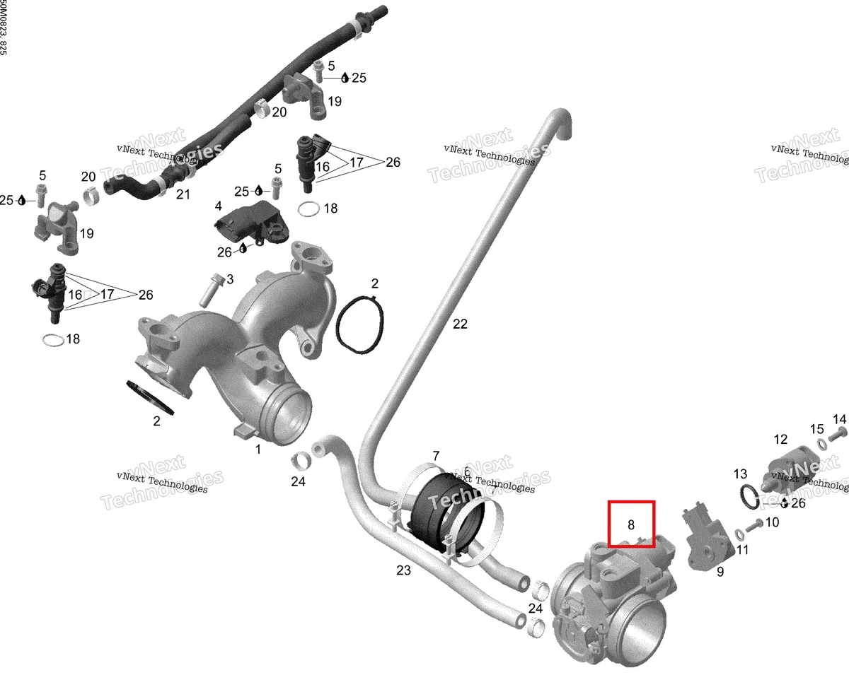 Деталь 420296877 (Деталь Throttle Body Ass'y.. Includes 8 To 15) на схеме узла 2008 Ski-Doo Expedition TUV V800 Air Inlet Manifold And Throttle Body
