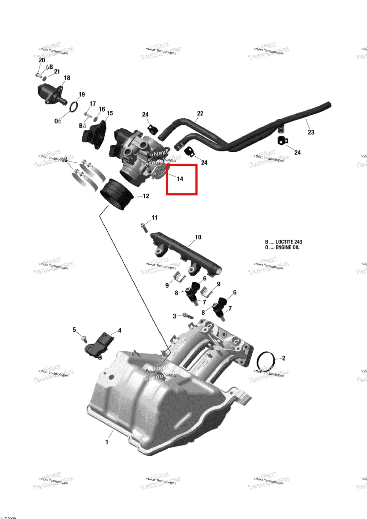 Деталь 420296879 (Разъем) на схеме узла 2015 Ski-Doo SKANDIC WT 600 ACE Air Intake Manifold