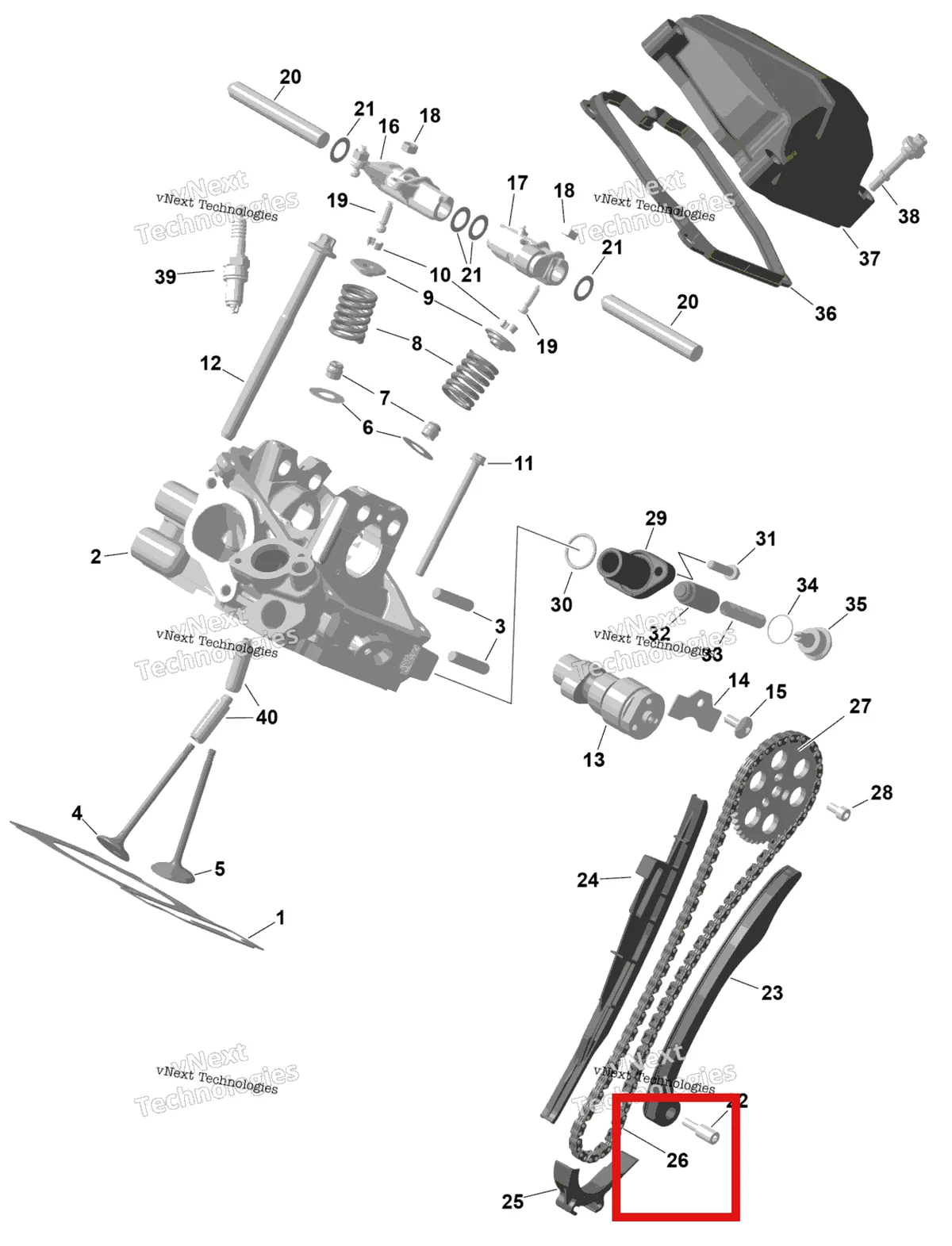 Деталь 420297063 на схеме узла 2026 Can-Am RENEGADE - 4X4 - XMR - 650 EFI - 5TTA - Catalyst Gray Rotax - Rear Cylinder Head