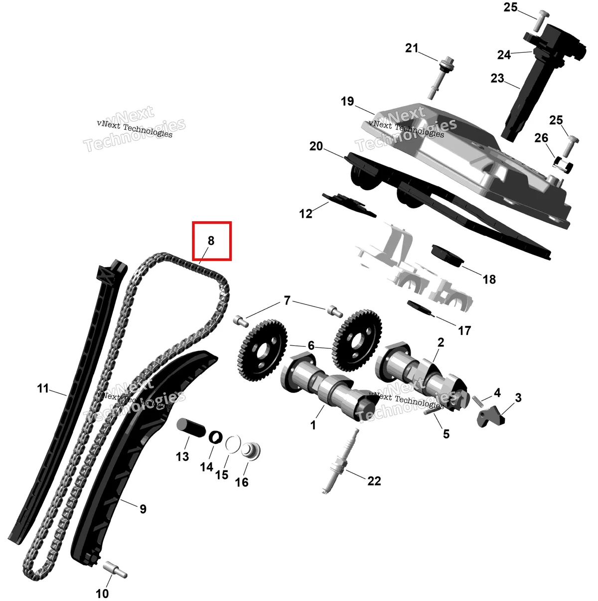 Деталь 420297075 (Silent Chaine Can-Am Outlander 4x4 DPS 700 (2025) (420297075)) на схеме узла 2026 Can-Am OUTLANDER - 2X4 - STD - 500 - 1KTB - Legion Red Rotax - Valve Train