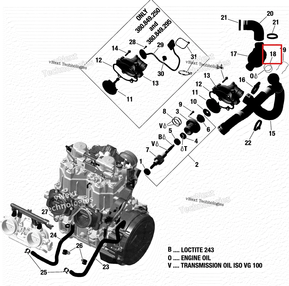Деталь 420430060 на схеме узла 2018 Ski-Doo FREERIDE 850 E-TEC Engine Cooling