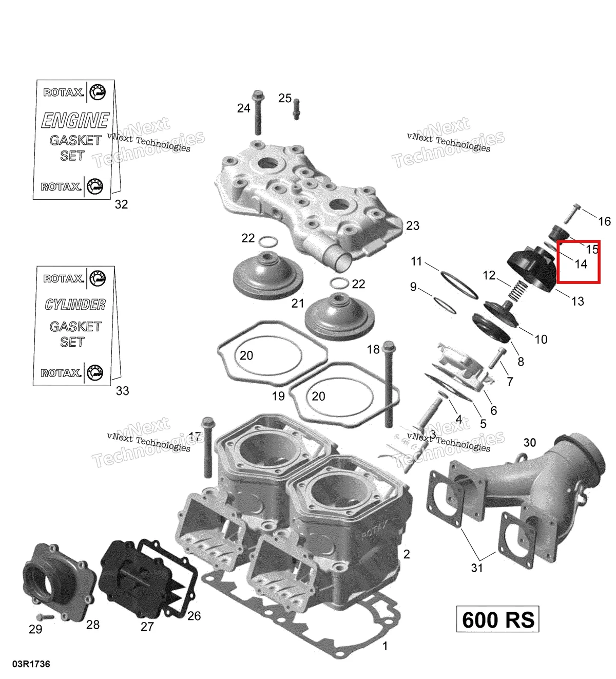 Деталь 420430220 (Уплотнительное кольцо) на схеме узла 2017 Ski-Doo MXZ 600 RS Cylinder, Exhaust Manifold And Reed Valve