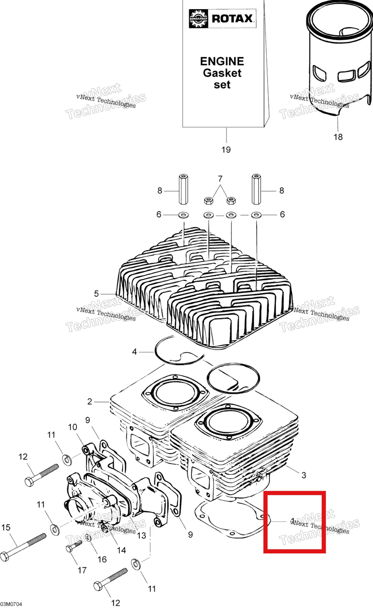 Деталь 420430351 (Деталь Gasket, Cyl.bottom 0.4) на схеме узла 2007 Ski-Doo Skandic LT 440F Cylinder And Cylinder Head