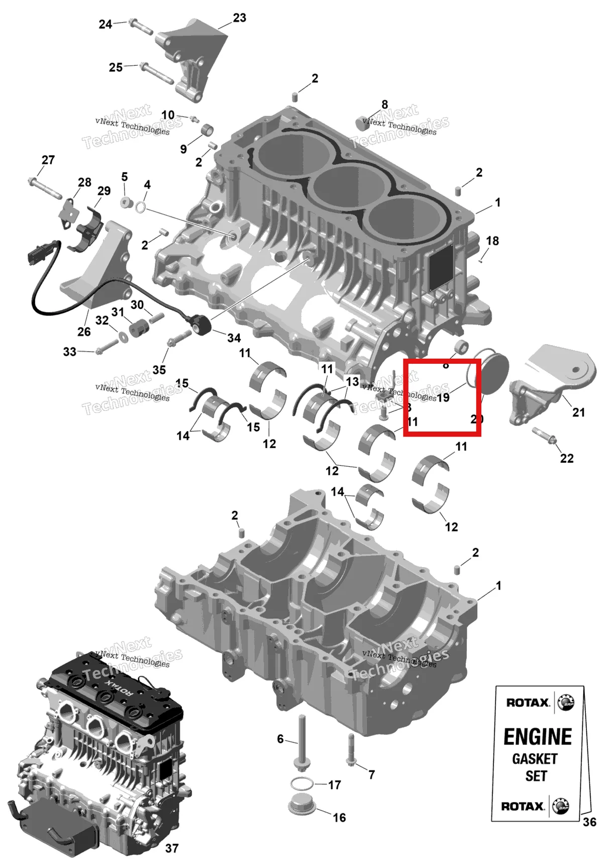 Деталь 420430405 на схеме узла 2025 Sea-Doo GTX - 300 - STD - 15SA - Blue Abyss - Audio Rotax - Crankcase