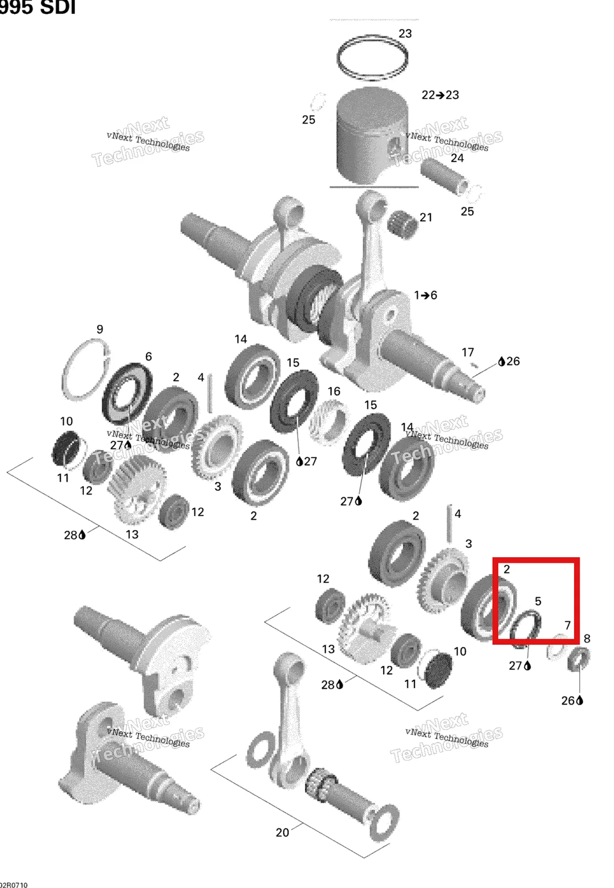 Деталь 420430540 на схеме узла 2007 Ski-Doo Summit Highmark & Highmark X 1000 SDI Crankshaft And Pistons