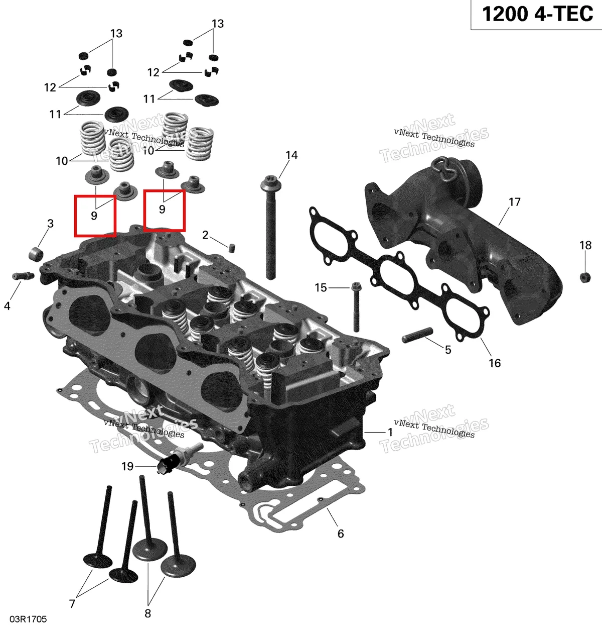 Деталь 420430741 (Деталь Valve Stem Seal. Included In Gasket Kit) на схеме узла 2019 Ski-Doo EXPEDITION LE-SE 1200 4-TEC Cylinder Head And Exhaust Manifold - 1200 Itc 4-Tec