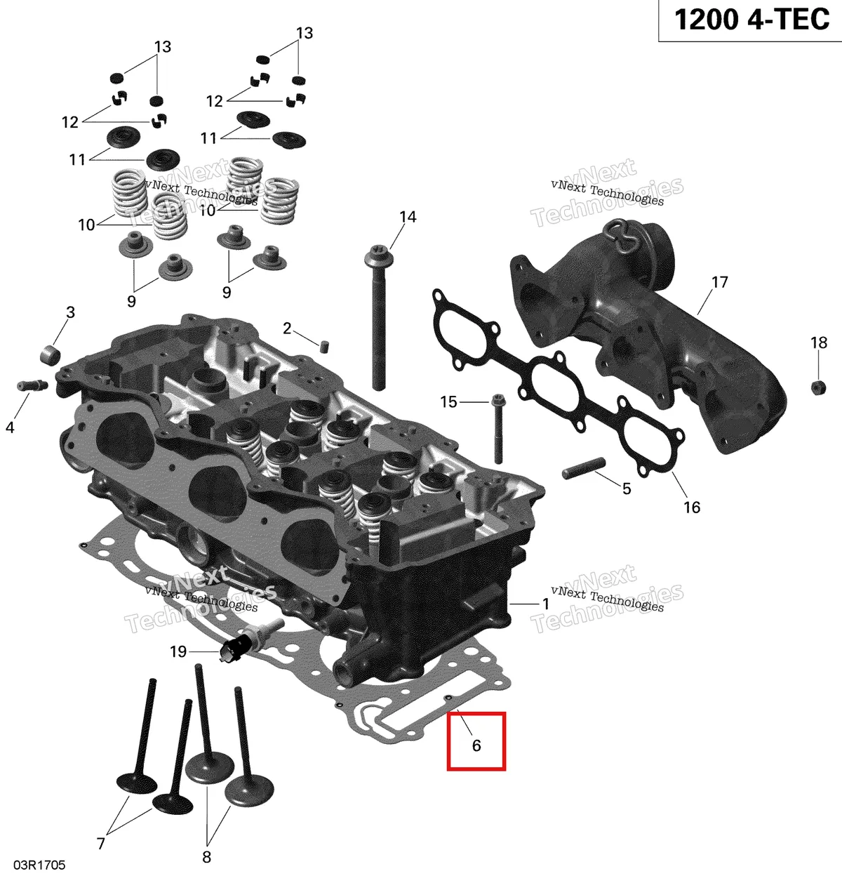 Деталь 420431051 (Прокладка головки блока цилиндров) на схеме узла 2019 Ski-Doo EXPEDITION LE-SE 1200 4-TEC Cylinder Head And Exhaust Manifold - 1200 Itc 4-Tec