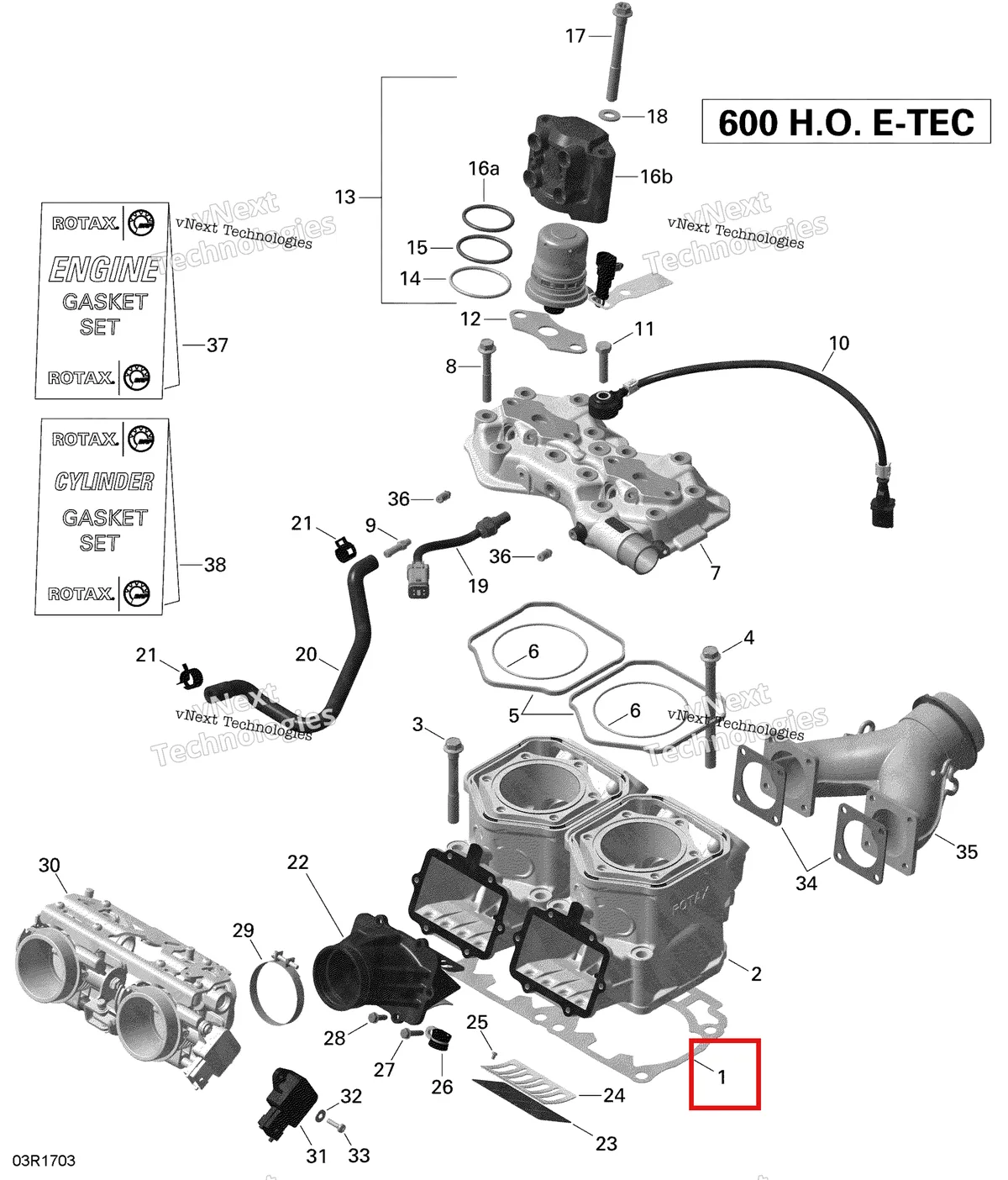 Деталь 420431163 (Деталь Double Gasket 0.8mm. Included In Gasket Kit) на схеме узла 2020 Ski-Doo SKANDIC WT 600HO E-TEC Engine - Cylinder And Injection System - 600Ho E-Tec