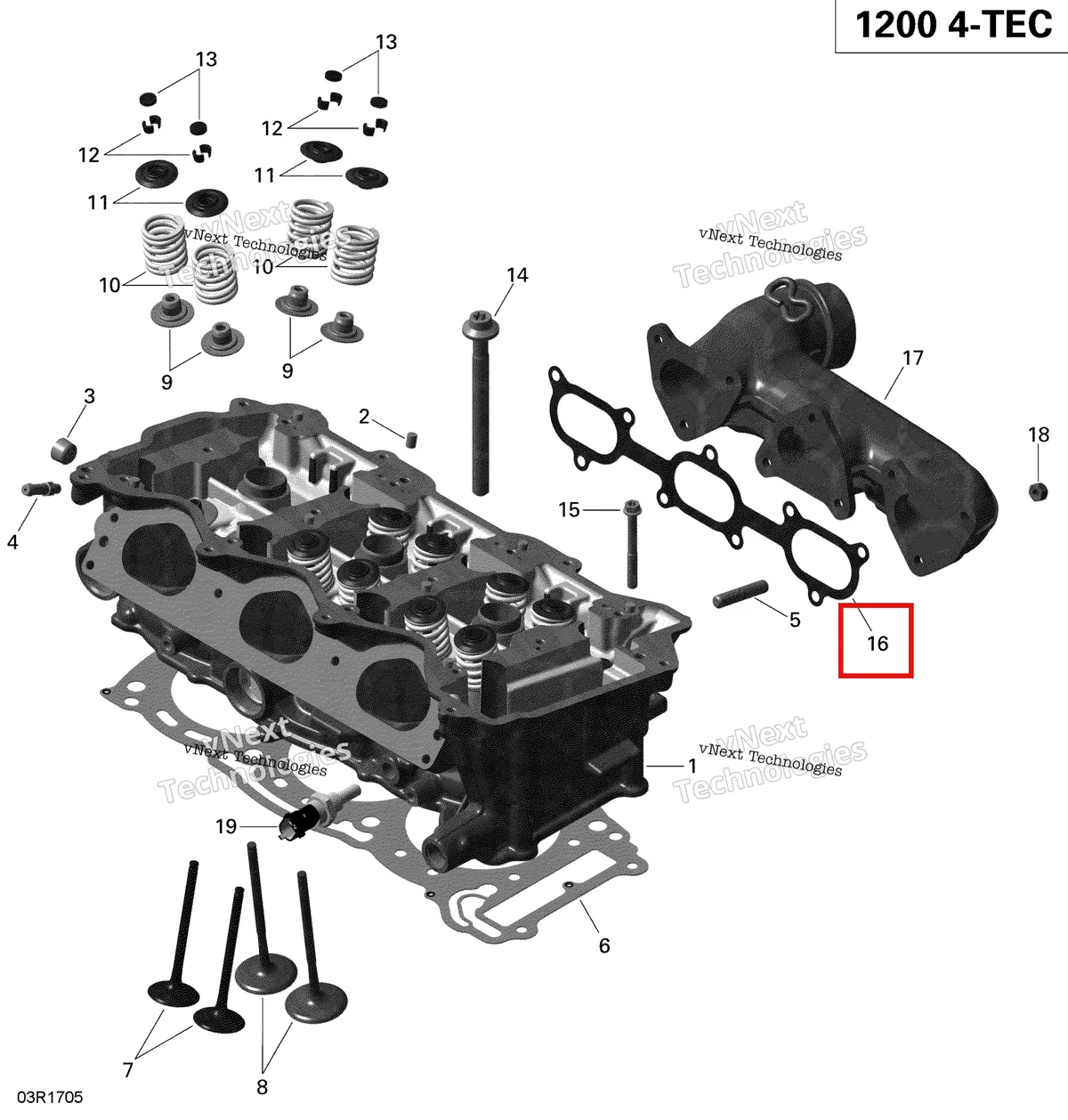 Деталь 420431390 (Прокладка) на схеме узла 2019 Ski-Doo EXPEDITION LE-SE 1200 4-TEC Cylinder Head And Exhaust Manifold - 1200 Itc 4-Tec