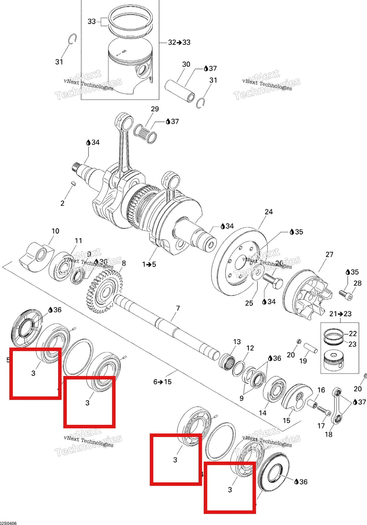 Деталь 420432271 на схеме узла 2004 Sea-Doo XP DI Crankshaft And Pistons