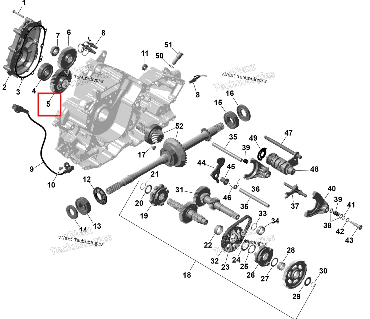 Деталь 420435966 (Промежуточный шестерня 49 зубьев Can-Am Outlander 4x4 DPS 700 (2025) (420435966)) на схеме узла 2026 Can-Am OUTLANDER - 4X4 - DPS - 700 - 1ETA - CALI - Dark Wildland Camo Rotax - Gearbox