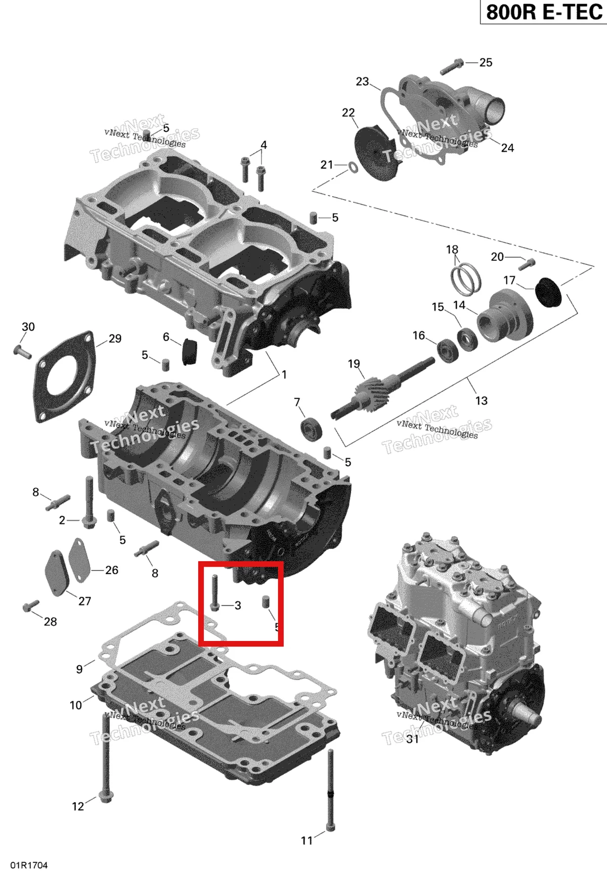 Деталь 420440282 (Деталь Screw M6x40) на схеме узла 2019 Ski-Doo EXPEDITION XTREME 800R E-TEC Crankcase And Water Pump - 800R E-Tec