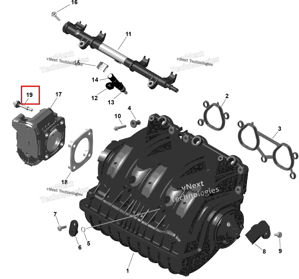 Деталь 420440561 на схеме узла 2026 Sea-Doo GTR - 230 - STD - 36TC - Eclipse Black Rotax - Air Intake Manifold And Throttle Body