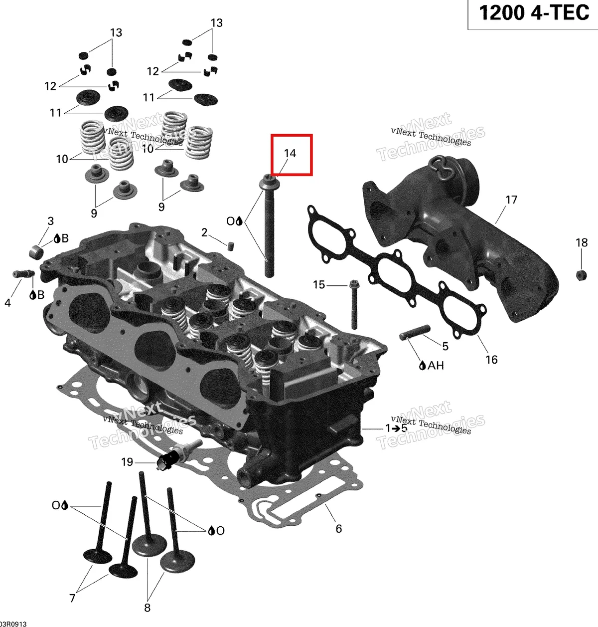 Деталь 420440625 на схеме узла 2009 Ski-Doo GSX Limited 1200 4-TEC Cylinder Head And Exhaust Manifold
