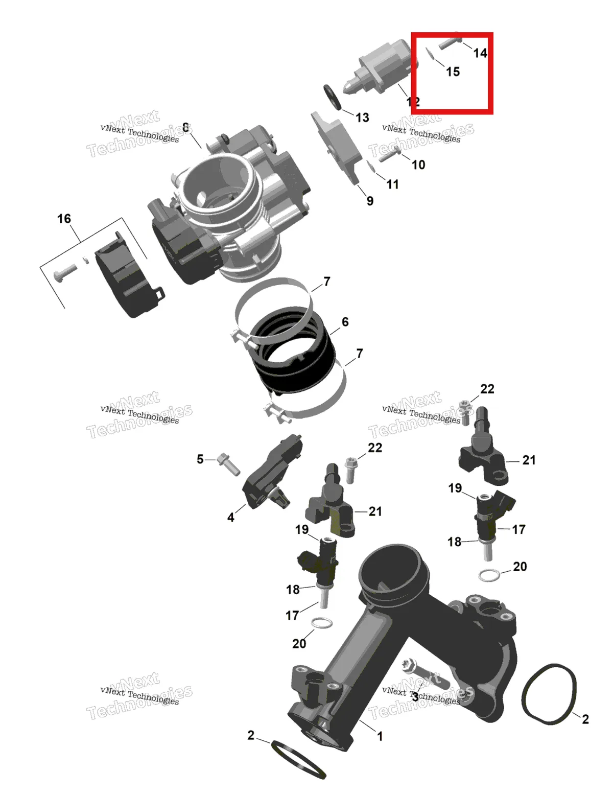 Деталь 420440911 (Деталь Screw M5 X 16) на схеме узла 2025 Can-Am OUT-MAX - 6X6 - DPS - 650 EFI - 5YSA - Tundra Green Rotax - Air Intake Manifold And Throttle Body