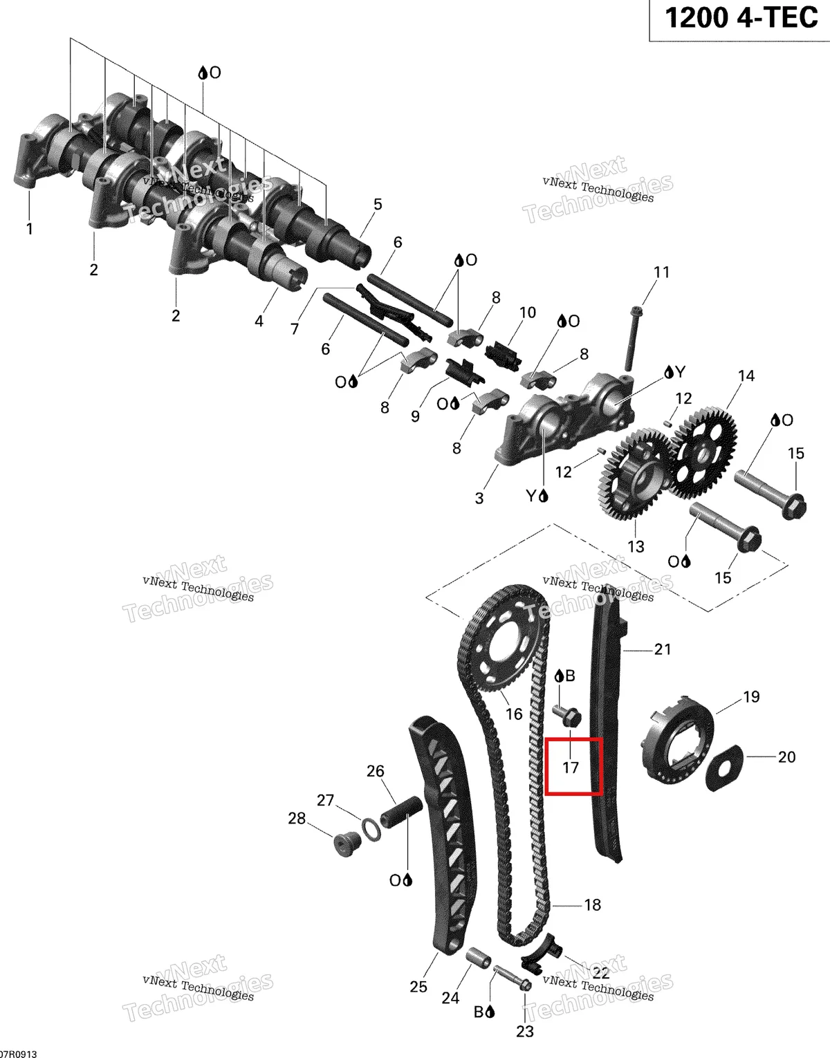 Деталь 420441400 на схеме узла 2009 Ski-Doo GSX Limited 1200 4-TEC Camshaft And Timing Chain