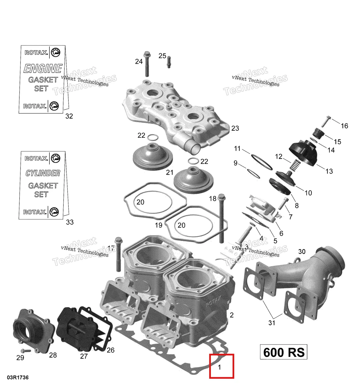 Деталь 420450182 (Деталь Gasket 0.7 Mm. Included In Gasket Kit) на схеме узла 2017 Ski-Doo MXZ 600 RS Cylinder, Exhaust Manifold And Reed Valve