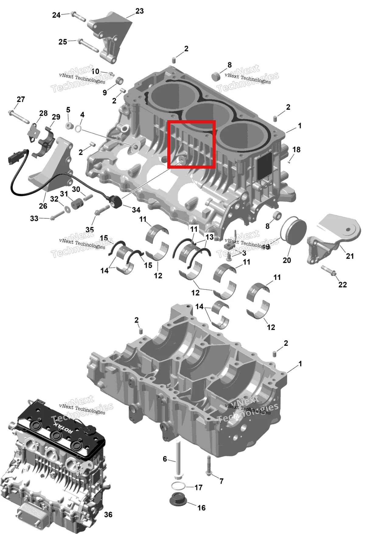 Деталь 420456431 (Масляный Spraying жиклёр Sea-Doo RXP (2016) (420456431)) на схеме узла 2026 Sea-Doo GTR - 230 - STD - 36TC - Eclipse Black Rotax - Crankcase