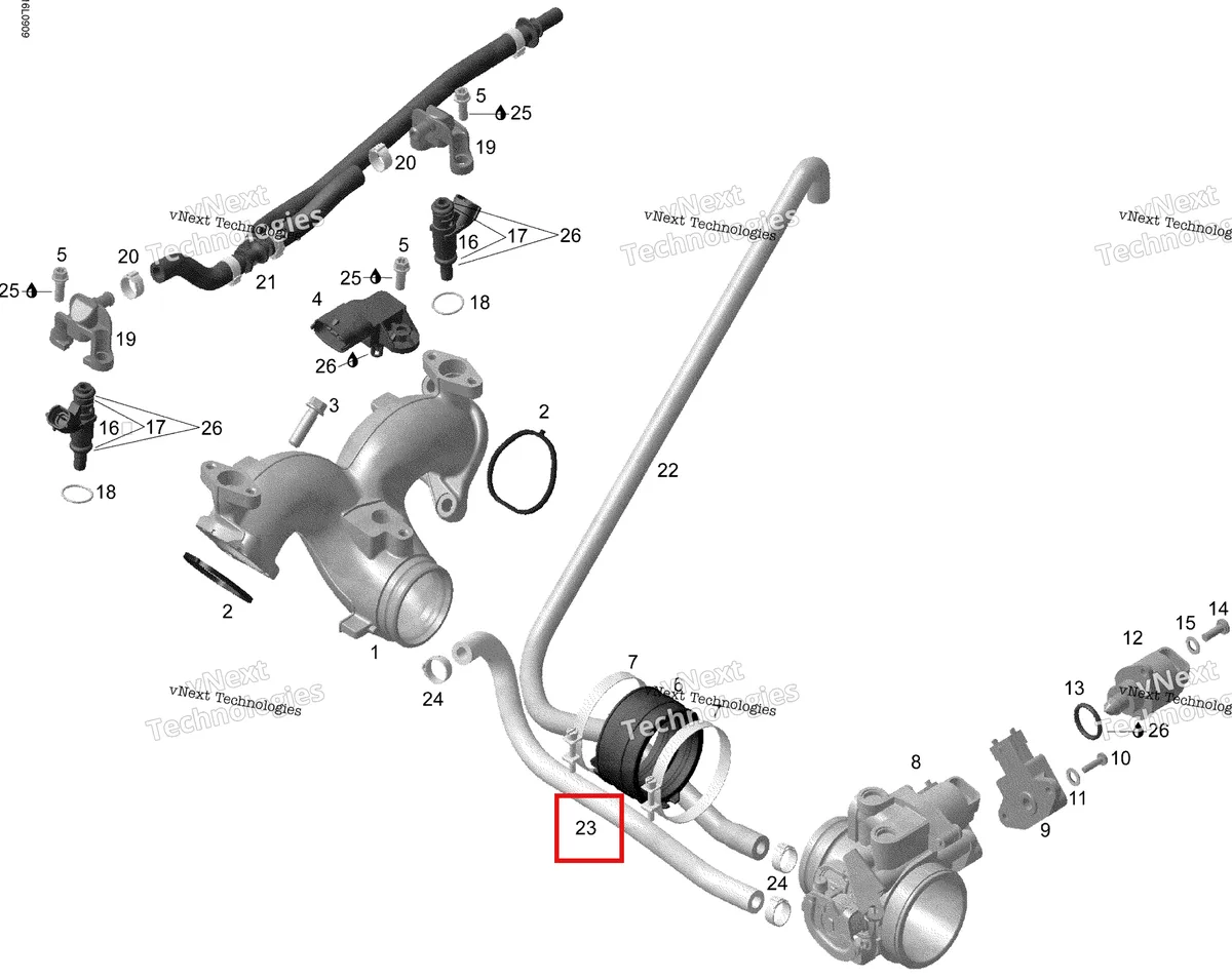 Деталь 420460271 (Шланг) на схеме узла 2009 Ski-Doo Expedition TUV V800 4-TEC Air Inlet Manifold And Throttle Body