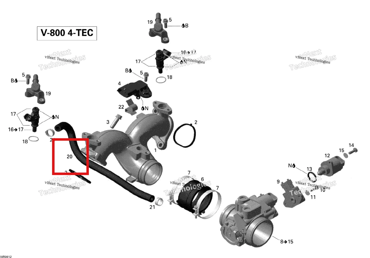 Деталь 420460272 (Шланг) на схеме узла 2012 Ski-Doo Skandic SWT V800 YetiII Air Intake Manifold And Throttle Body