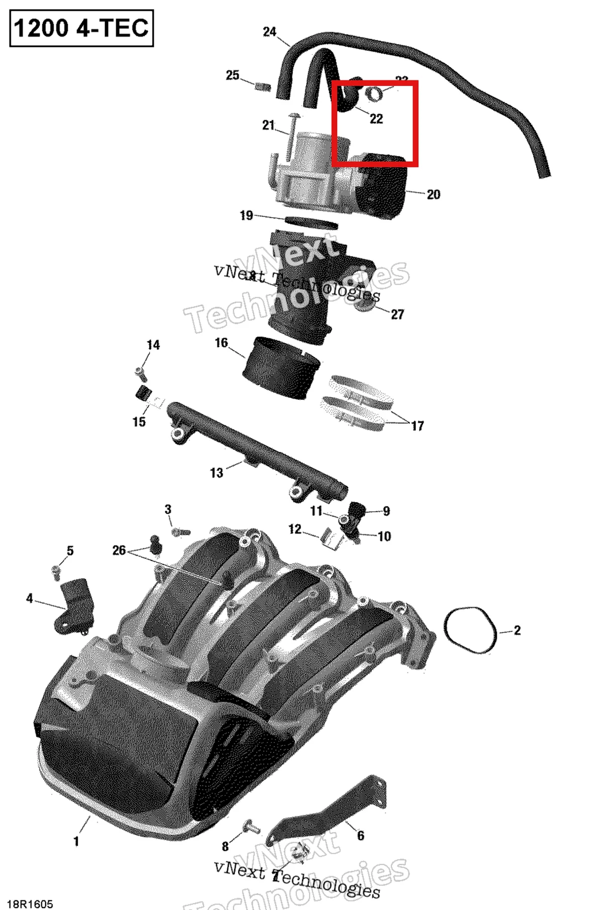 Деталь 420460483 (Шланг) на схеме узла 2019 Ski-Doo EXPEDITION LE-SE 1200 4-TEC Air Intake Manifold And Throttle Body - 1200Itc 4-Tec