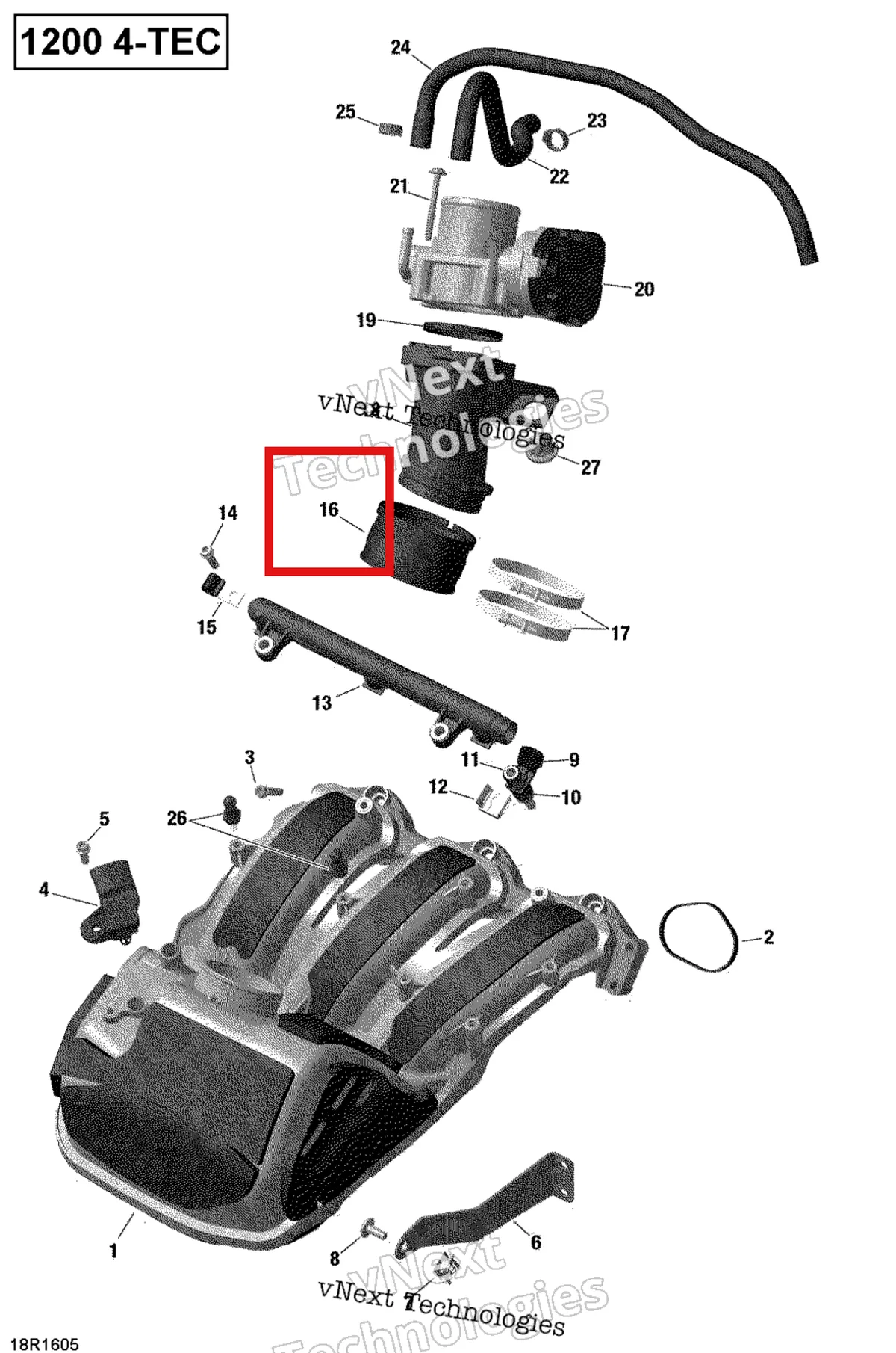 Деталь 420460490 (Разъем) на схеме узла 2019 Ski-Doo EXPEDITION LE-SE 1200 4-TEC Air Intake Manifold And Throttle Body - 1200Itc 4-Tec